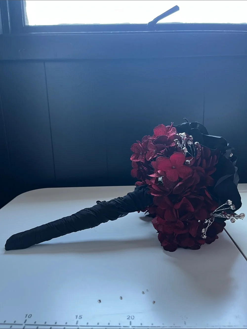 Black & Deep Red Floal Bouquet with Crystal Accents